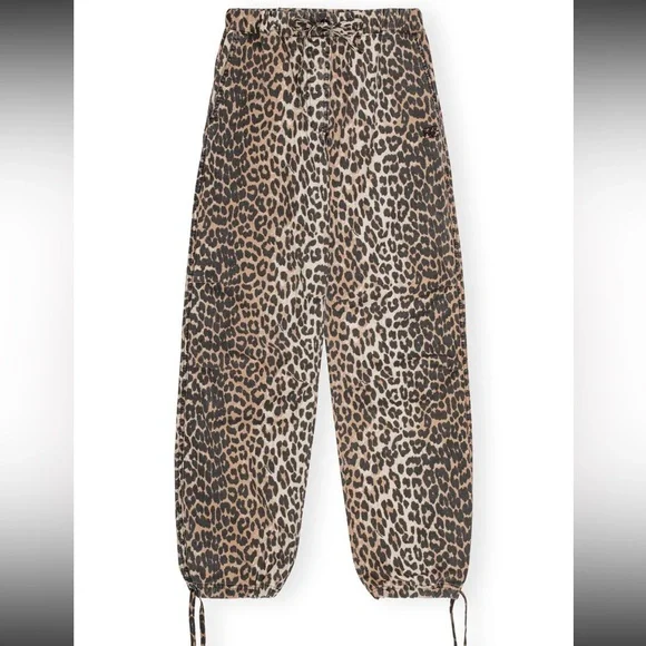 GANNI Leopard Washed Cotton Canvas Drawstring Trousers in Almond Milk 42 - Picture 1 of 13